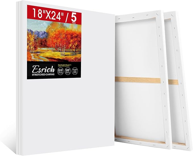 ESRICH Stretched Canvas for Painting 18x24 Inch, 5Pack Large Canvas for Painting, Primed Acid-Free Cotton Blank Canvases, Art Paint Canvases for Oil Paint,Watercolor,Acrylic Paint,Gouache and Tempera.