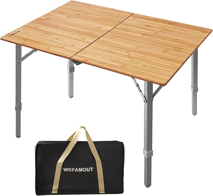 Bamboo Folding Camping Table 2-Folds with Adjustable Aluminum Legs Portable Picnic Table with Carry Bag for Outdoor Hiking Beach 2-4 Person