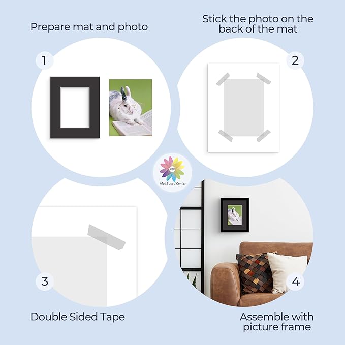Mat Board Center, Pack of 50, 8x10 for 5x7 Black Mats - Acid Free, 4-ply Thickness, White Core - for Pictures, Photos, Framing