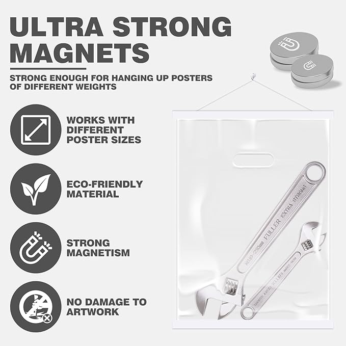 Ywlake Magnetic Poster Hanger, 16x20 16x24 16x22 Poster Frame Wood Wooden Magnet Print Posters Dowel Scroll Hanger Hangers Hanging Kit for Walls Map Canvas Artwork (White, 16")