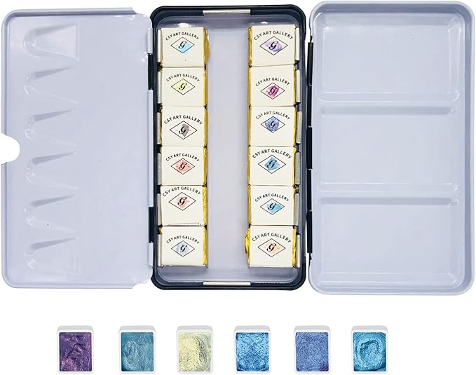 CSY art gallery Metallic Watercolor Paints Set Handmade Glitter Shimmering Double Color Water Color Solid Paint Include 12 Colors In Portable Tin Box for Artists, Professionals (Fruit Midsummer)