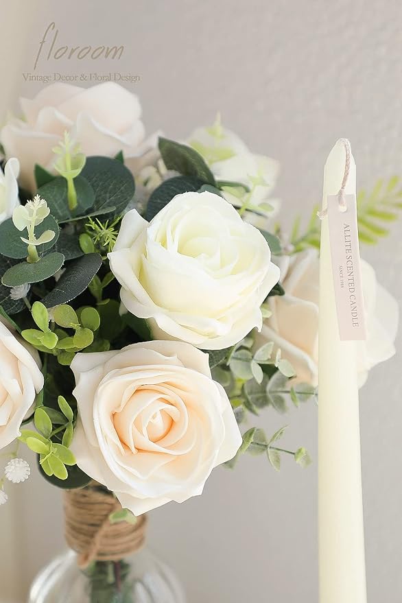 Floroom Artificial Flowers 20pcs Real Looking Ivory High-Centered Foam Fake Roses with Stem for DIY Wedding Bouquets Bridal Shower Centerpieces Floral Arrangements Party Tables Home Decorations