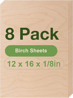 8 Pack Birch Plywood Sheets, 12 x 16 x 1/8 Inch, 3mm Plywood for Laser Cutting, Thin Unfinished Wood Sheets for Architectural Models, Wood Burning and DIY Wood Crafts