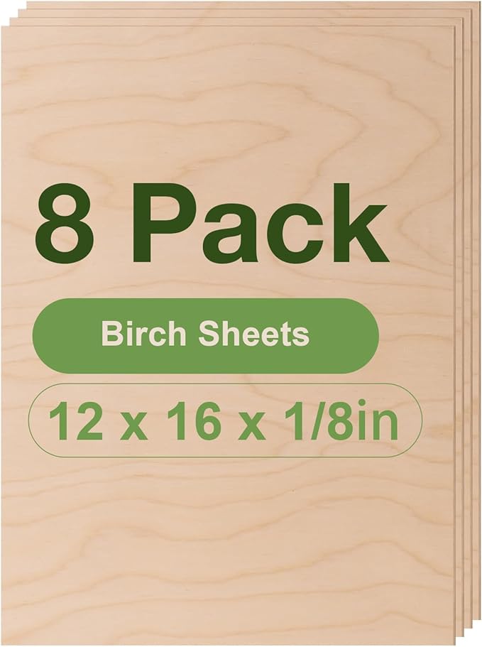 8 Pack Birch Plywood Sheets, 12 x 16 x 1/8 Inch, 3mm Plywood for Laser Cutting, Thin Unfinished Wood Sheets for Architectural Models, Wood Burning and DIY Wood Crafts