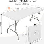 Folding Tables with Carrying Handle Heavy Duty Rectangular Portable Plastic Camping Table Steel Legs for Party, Dining, Wedding, Events, Picnic Indoor, Outdoor (8FT, White)