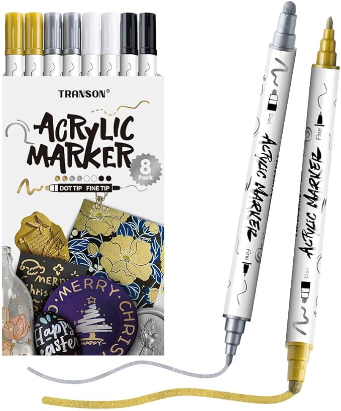 TRANSON 2 Gold, 2 Silver, 2 Black and 2 White Paint Markers Bold and Fine Dual-tip Acrylic Paint Marker Set for Rock Painting Glass Canvas Wood Leather Ceramic Painting