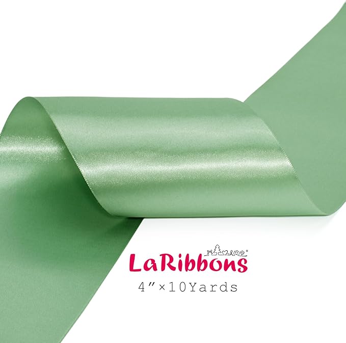 LaRibbons Sage Green Satin Ribbon 4 Inch 10 Yards Double Faced Luxury Light Green Silk Ribbon for Gift Wrapping Flower Bouquets Bow Christmas Wedding Party Decoration