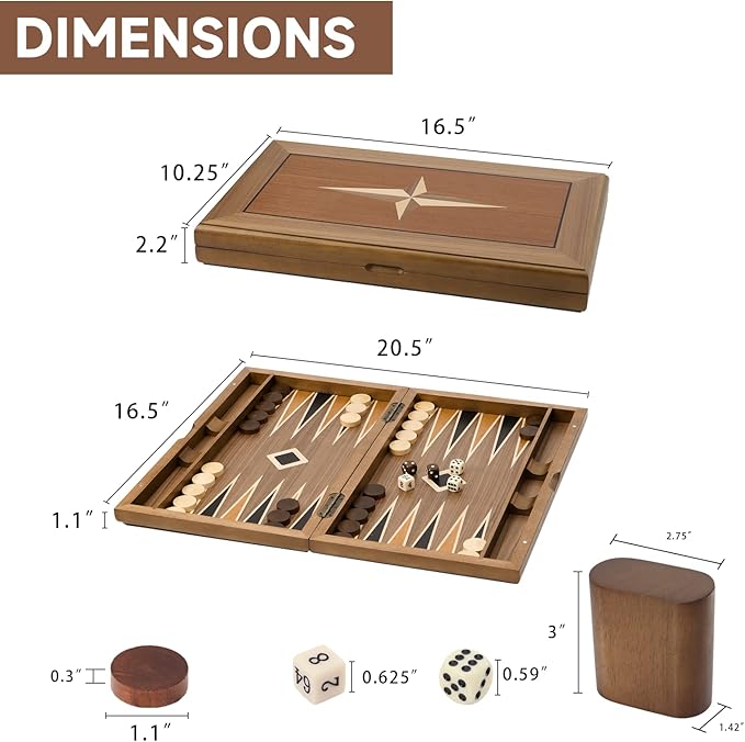 GSE Games & Sports Expert Premium Wooden Folding Inlay Backgammon Board Set, Classic Traditional Strategy Board Games (Star- 17 Inches)