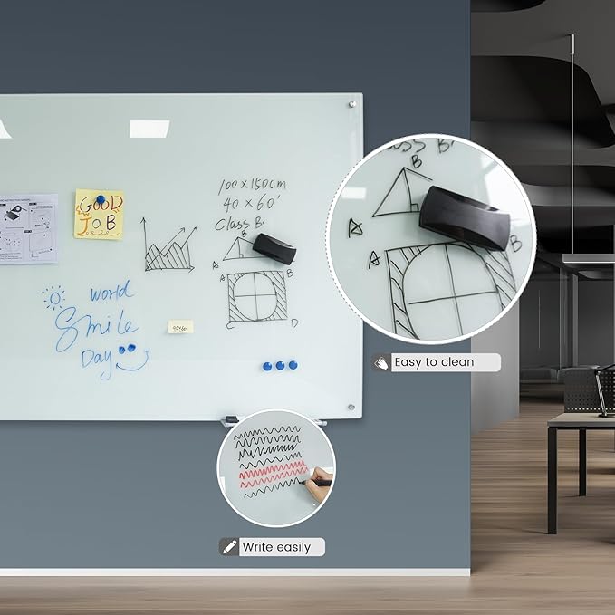 Magnetic Whiteboard Glass Writeboard 40"x60" Tempered Glass Dry Erase Board Wall Mounted Frameless Glass Whiteboard Writing GlassBoard for Office School Home (White)