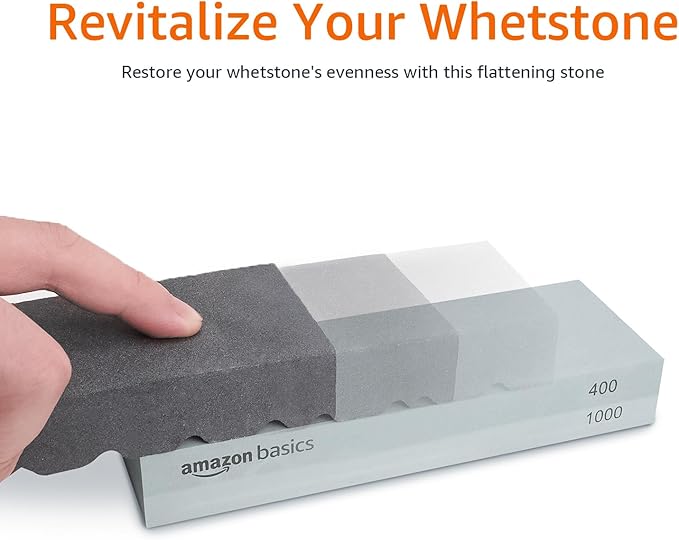 Amazon Basics Whetstone Knife Sharpening Wet Stone Dual Sided 400/1000 and 3000/8000 Grit Stones, Flattening Stone, and Non-Slip, Bamboo Base, 3 Count (Pack of 1), Black & Grey