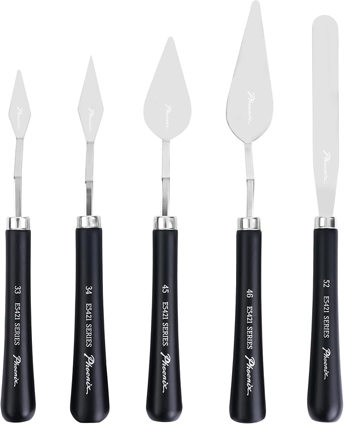 PHOENIX High Flexible Palette Knife Set, 5 Pieces Stainless Steel Painting Knives (33,34,45,46,52) Art Knife with Wood Handle, Paint Spatula for Oil Acrylic Paint - Painting Tools for Artists