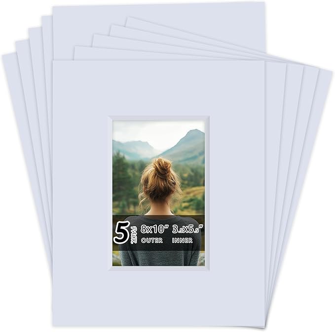 Falling in Art 5 Pack Acid Free 8x10'' White Picture Mats Board Show Kit for 4x6'' Photos, 4-Ply Beveled Pre-Cut Photo Mats with Backing Board for Frames, Artwork and Prints