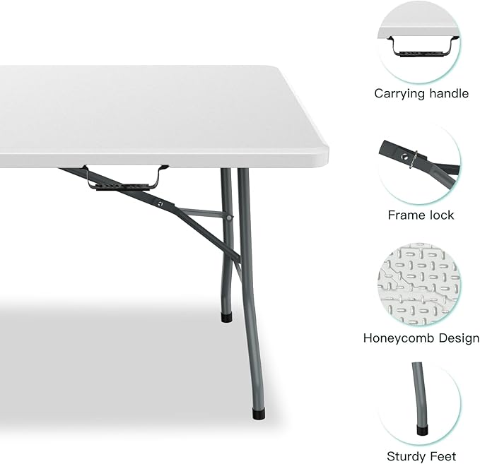 6ft Folding Table, Foldable HDPE Dining Table for Picnic, Camping, Party, Display with Carrying Handle - White