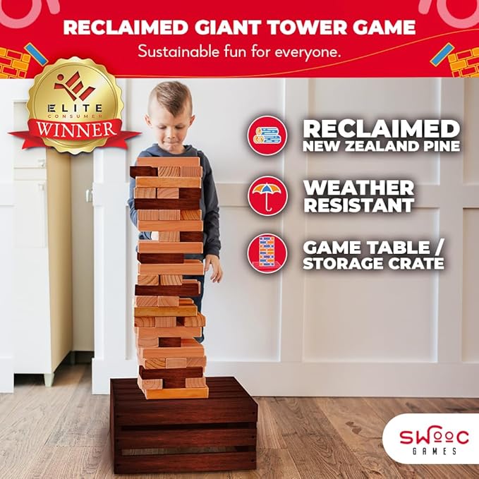 SWOOC Games - Reclaimed Giant Tower Game (Weather Resistant) 60 Blocks + Storage Crate/Outdoor Game Table | Stacks up to 5ft | Giant Outdoor Tower for Adults | Large Yard Activity | Jumbo Lawn Fun