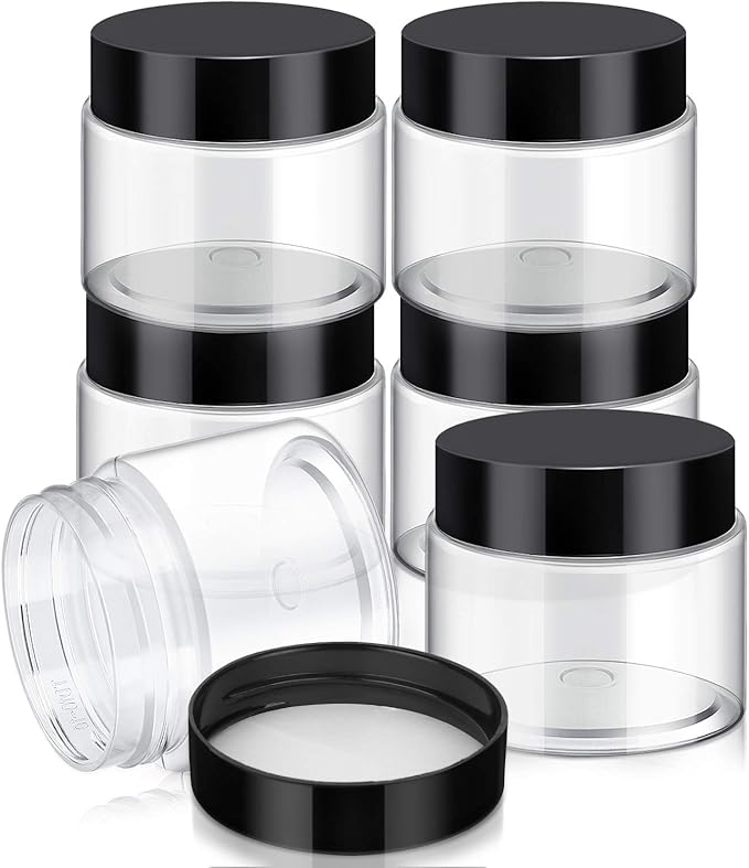 12 Pack 7 oz Plastic Container Jars with Lids Round Clear Travel Cosmetic Container Jars for Toiletries, Lotion, Cream, Ointments, Makeup, Rhinestone, Samples, Kitchen Storage (Black)