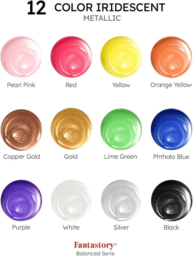 Fantastory Metallic Iridescent Acrylic Paint Set with 12 Brushes, 12 x 2oz Metallic Colors, Color-Shifting, Craft Paint Kit, Metal/Canvas/Rock/Stone/Ceramic/Model/Wood Painting [Balanced Series].