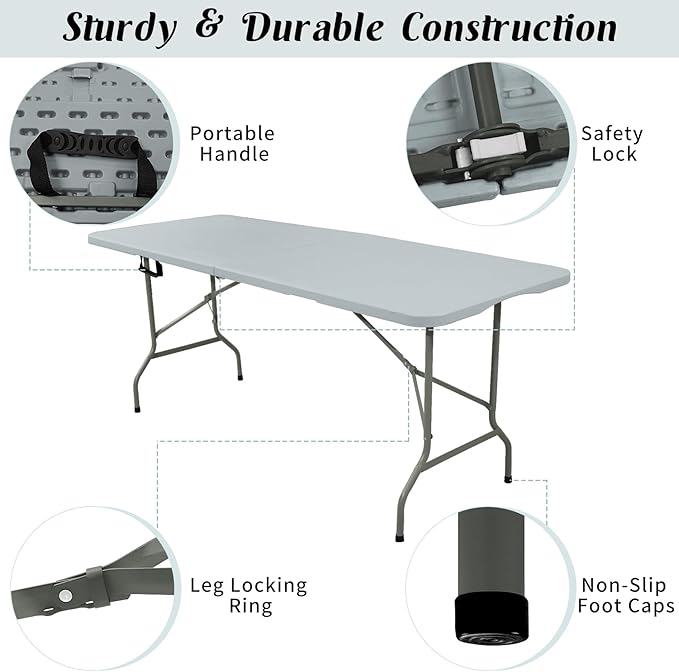 2 Pack 6 FT Folding Tables Grey Foldable Table, Fold-in-Half with Carrying Handle Portable Plastic Rectangular Table for Party, Dining, Wedding, Camping, Picnic, Indoor Outdoor Events