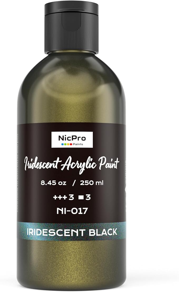 Nicpro Iridescent Black Acrylic Paint, 8.45oz / 250ml Large Bottle Black Metallic Acrylic Paint, Color Shifting & Non-Toxic Art Painting Supplies For Craft Canvas Fabric Rock Wood Ceramic Metal