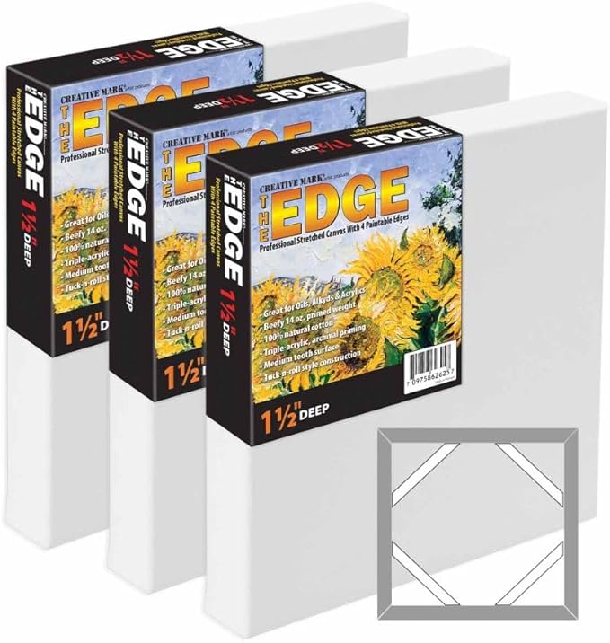 Creative Mark The Edge Deluxe Cotton 1-1/2" Deep Stretched Canvas for Painting, 48x48 Pack of 3, 14oz. Primed Weight, Universal Archival Priming, Medium Tooth, Hand-Stretched Canvas for Painters