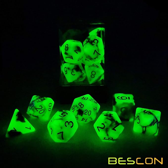 Bescon Two-Tone Glow-in-The-Dark Polyhedral Dice Set Spooky Rocks, Luminous RPG Dice Set d4 d6 d8 d10 d12 d20 d% Brick Box Pack