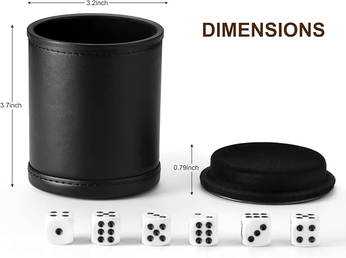 Felt Lined Dice Cup PU Leather Set, Quiet Shaker for Dice Board Family Games Yahtzee Farkle, Set of Six 16mm Rolling Dice Included