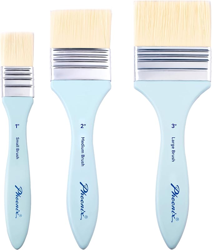 PHOENIX Flat Paint Brush Set - 3 Sizes Nylon Large Paint Brushes for Acrylic Painting, Gouache, Wood Furniture, Gesso, Varnishes & Wall