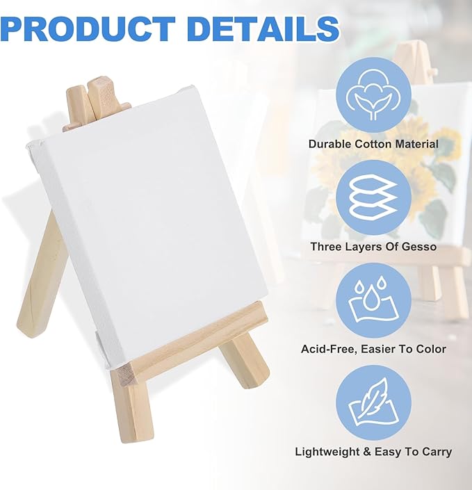 MECCANIXITY Canvas Boards for Painting with 4.9" Mini Easel Kit, 3x3 Cotton Blank Primed Art Canvas Panels Acid-Free for Painting Supplies Oil Acrylic Tempera Paint(White, Set of 6)