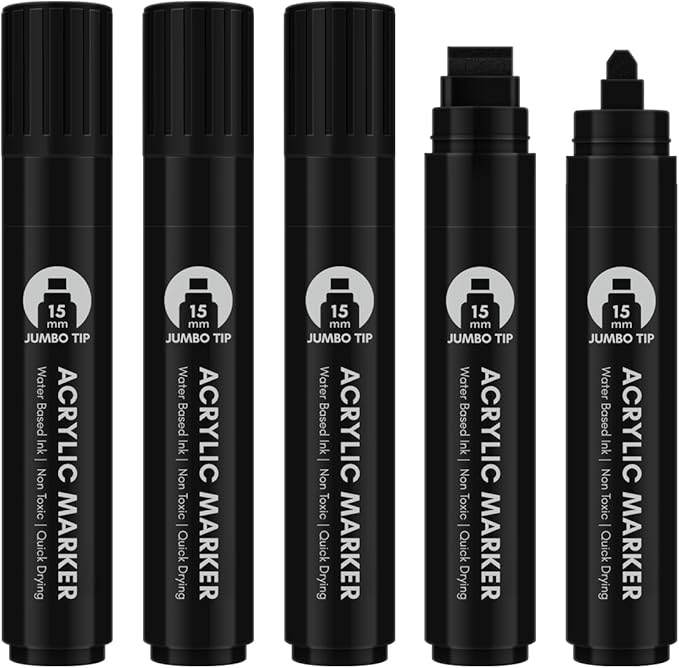 Black Poster Markers Jumbo: 5 Pcs 15mm Wide Tip Thick Acrylic Paint Pen Large Permanent Calligraphy Markers for Rock Painting, Stone, Poster, Canvas, Glass, Wood, Ceramic