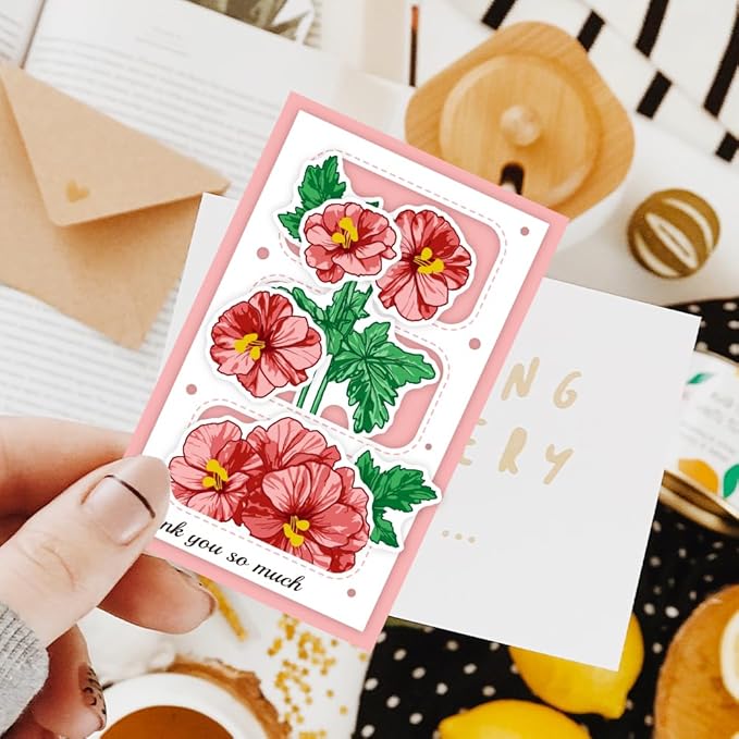 ORIGACH Geranium Layering Stencil Stamp and Die Set for Card Making, Flower Stencil Template Silicone Clear Stamps and Metal Die Sets for DIY Scrapbooking Photo Album Crafting