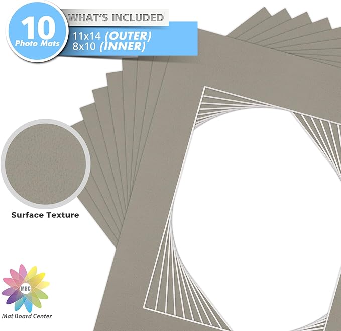 Mat Board Center, Pack of 10, 11x14 for 8x10 Middle Gray Color Mats - Bevel Cut, Acid Free, 4-ply Thickness, White Core - for Pictures, Photos, Framing