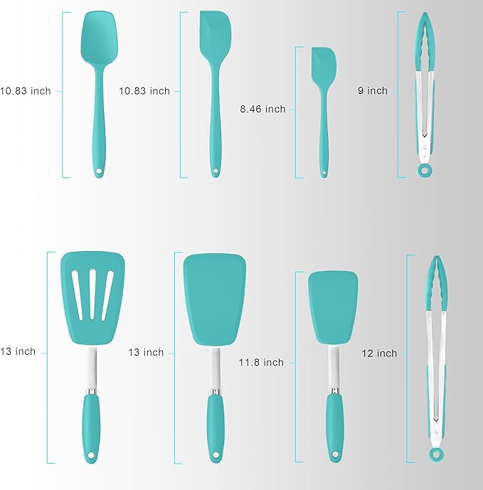 Silicone Spatulas Set Turners Tongs Cooking Utensils Set High Heat Resistant Kitchen Scraper Spatulas for Cooking Mixing Baking BPA Free Dishwasher Safe, Aqua Sky