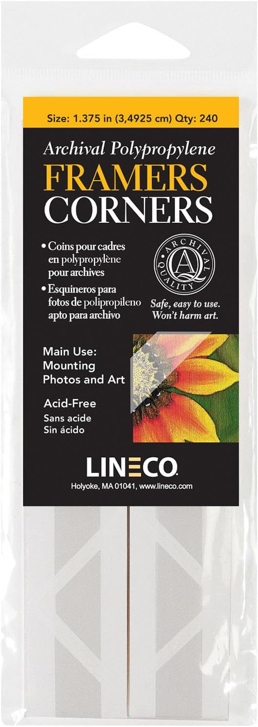 Lineco Archival Acid-Free Polypropylene Framers Corners, 1.375 Inches Mounting Corner for Photos, Pictures, Scrapbook, and Arts, Pressure Sensitive Adhesive, Pack of 240.