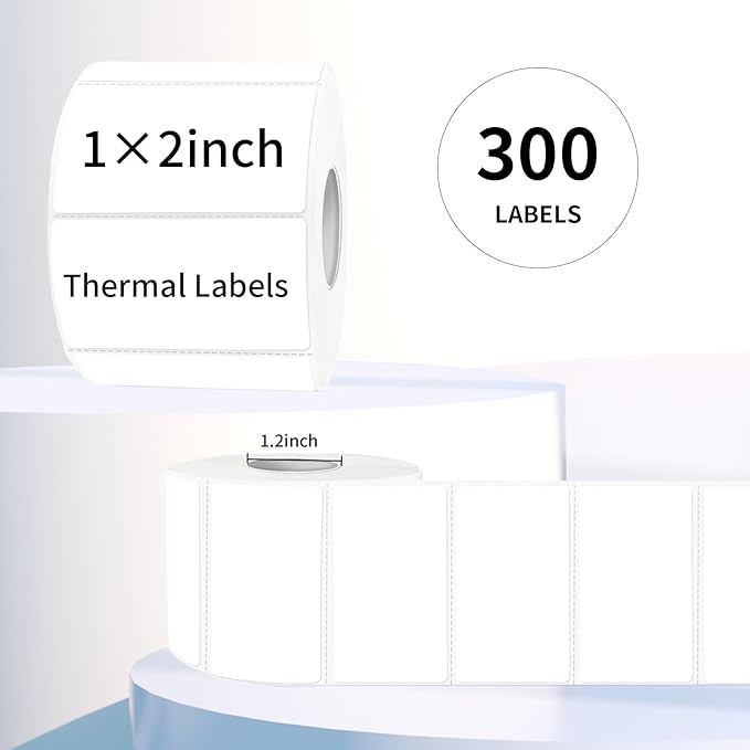 2"x1" Thermal Sticker Labels, White Self-Adhesive Barcode Label Paper for Direct Thermal Printer, Waterproof Multi-Purpose Rectangle Address Shipping Mailing Stickers, 300 Sheets/Roll