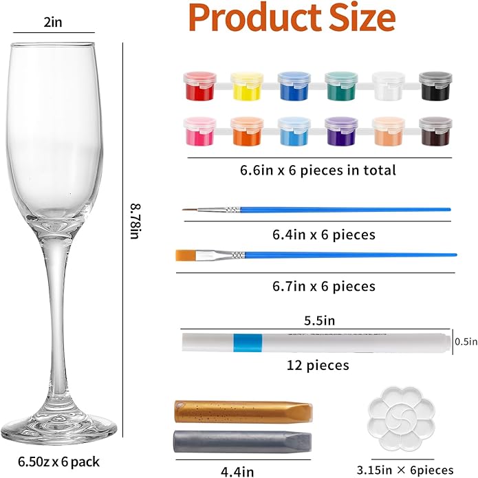 6 Sets Paint Your Own Wine Glass Set with 12 Markers, 2 Outliners, 36 Acrylic Paint Strips, 12 Brushes and 6 Palette for Adults, Ladies Night or Couple