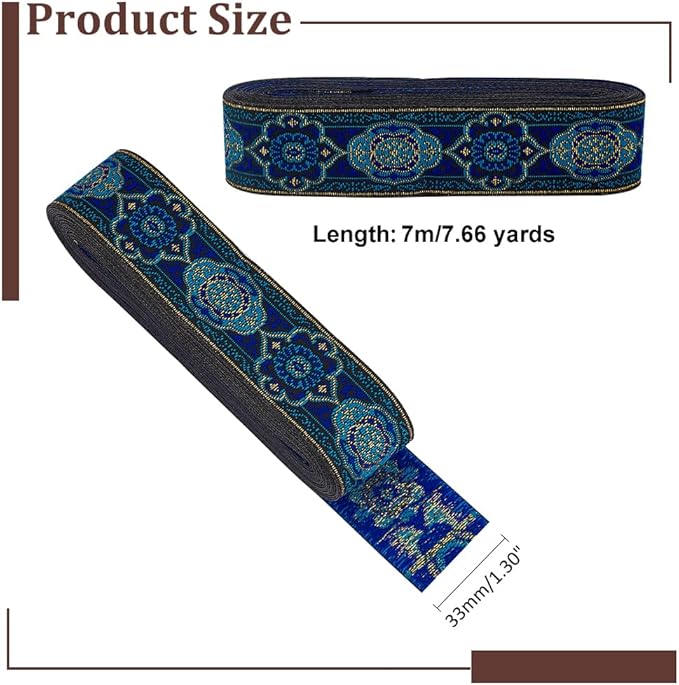 PH PandaHall 1.3 Inch Vintage Jacquard Ribbon, 7 Yards Emobridered Woven Ribbon Boho Fabric Sewing Woven Ribbon Persian Floral Trim Fringe Decor Trim for Ramadan Clothing Embellishment Decoration