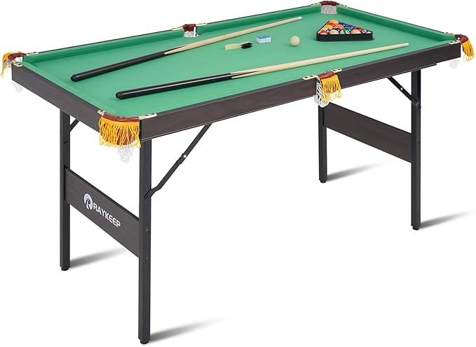 54" Portable Pool Table - Billiard Table for Kids & Adults with 2 Cues, Triangle Rack, Chalk & Brush - Compact Wooden Game Table for Home, Game Room, Indoor & Outdoor