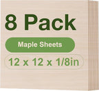8 Pack Maple Plywood Sheets, 12 x 12 x 1/8 Inch, 3mm Plywood for Laser Cutting, Thin Unfinished Wood Sheets for Architectural Models, Wood Burning and DIY Crafts