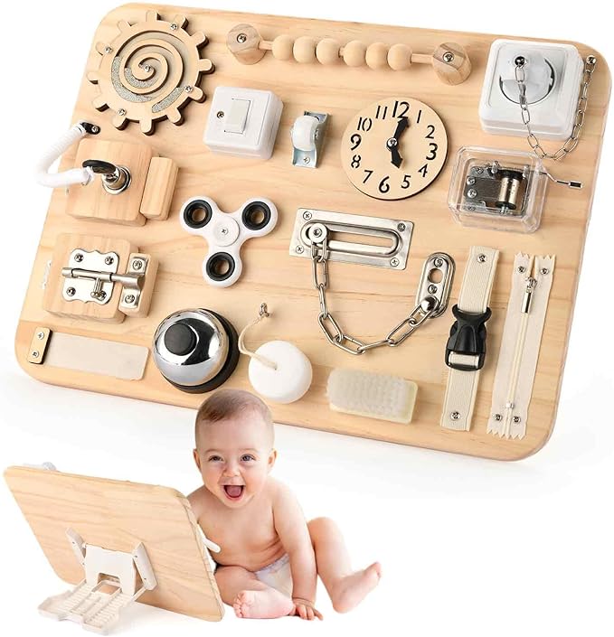 Potatomato Montessori Large Busy Board for 1 2 3 4 Year Old- Wooden Sensory Toys -Fidget Activity Board for Toddlers Boys and Girls- Motor Skills Gifts for ADHD & Autistic Children Kids