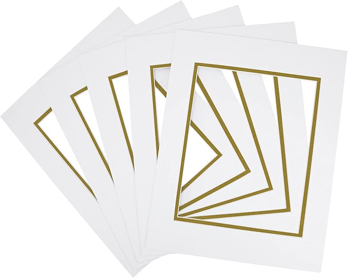 Golden State Art, 11x14 Double Mats for 8x10 - for Photos, Pictures, Frames - Acid-Free, 5 Pack, Off White Over Old Gold