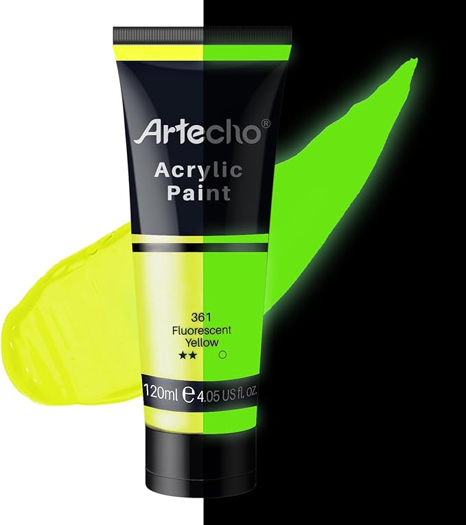 Artecho Glow in the Dark Paint, Neon Yellow Paint (120ml / 4.05oz) Tubes, Art Craft Paints for Canvas, Rock, Stone, Wood, Fabric, Art Supplies
