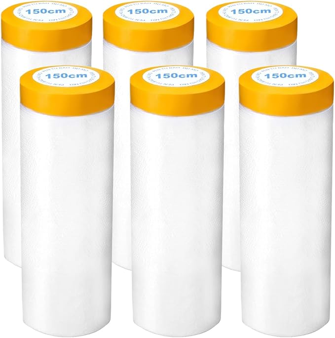 6 Pack Protective Masking Film with Tape 5 x 65 Ft Car Painters Plastic Sheeting Roll Tape and Drape Masking Film for Automotive Painting Covering Frames, Furniture, Auto Body