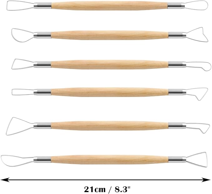 Suiwotin 6pcs Double-Sided Clay Sculpting Tools, Wooden Handle Ribbon Clay Tools, Pottery Trimming Tool, Clay Wire Loop Sculpture Set for Ceramic, Wax Carving Modeling