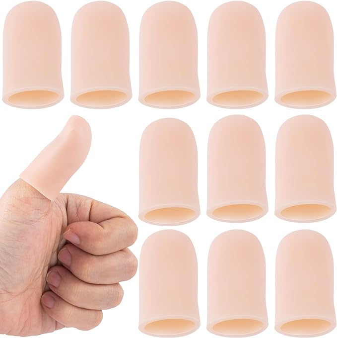 PAGOW 10pcs Gel Finger Cots/Covers, Silicone Finger Protector Support, Finger Caps Finger Sleeves Thumb Protector for Finger Cracking Trigger Finger Arthritis Pain Relief (Beige, Short)