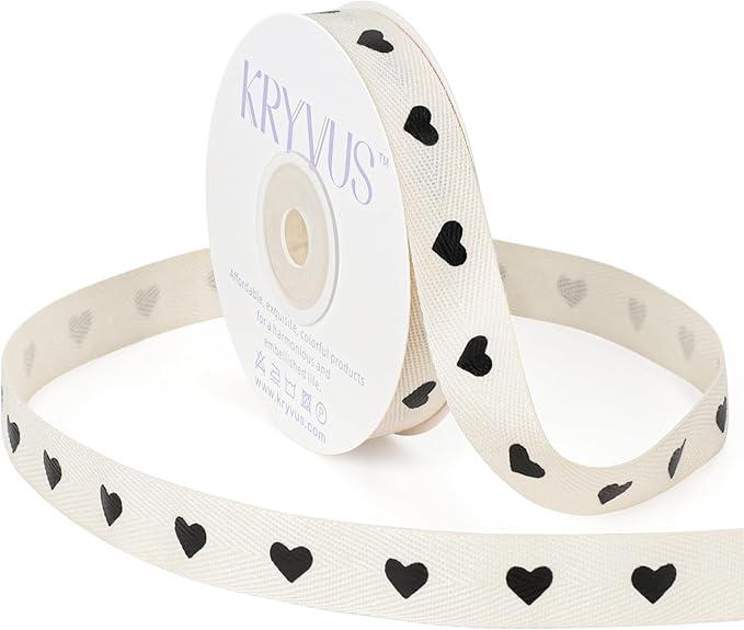 Black Hearts Ribbon - 5/8 Inch x 12 Yards Natural Twill Tape Ribbon, Cotton Herringbone Ribbons for Gift Wrapping, Birthdays, Weddings, Christmas, Anniversaries, Valentine's Day, Mother's Day
