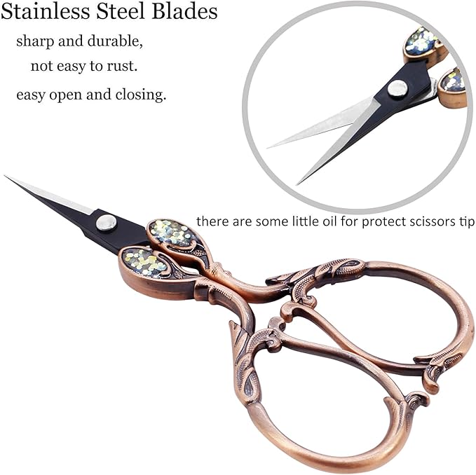 BIHRTC 4.5 Inch Small Vintage Embroidery Scissors with Artificial Leather Cover Stainless Steel Pointed Tip Shears Mini Scissors for Needlework Threading Craft DIY Tools Art Work Everyday Use