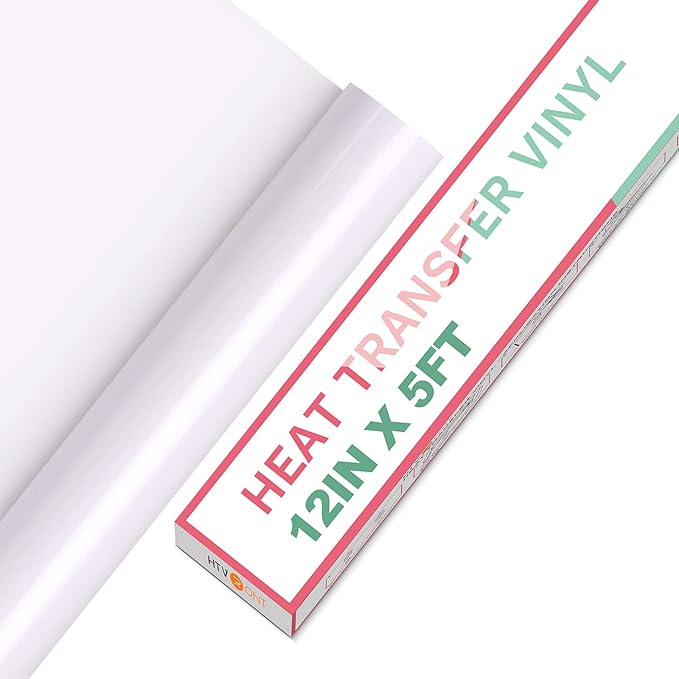 HTVRONT HTV Vinyl Rolls Heat Transfer Vinyl - 12" x 5ft White - Easy to Cut & Weed & Transfer, Great Stickiness, Use Widely, Personalize Gift & Custom Made
