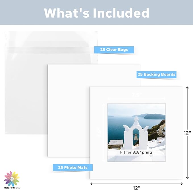 Mat Board Center, Pack of 25, 12x12 for 8x8 White Mat Kit - Acid Free, 4-ply Thickness, White Core - Includes Backing Boards and Clear Bags - for Pictures, Photos, Framing
