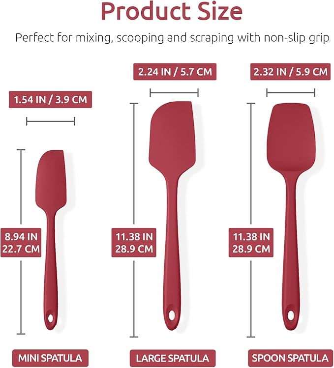 U-Taste Silicone Spatula Set: 600ºF High Heat Resistant, Seamless Food Grade Flexible Rubber Kitchen Cooking Mixing Baking Scraper for Nonstick Cookware Set of 3 (Red)