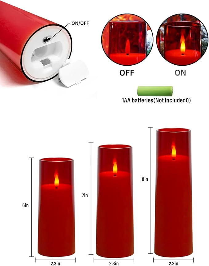 Flickering Flameless Candles Battery Operated with Remote and 2/4/6/8 H Timer Plexiglass Led Pillar Candles Pack of 9 (D2.3 xH 6" 7" 8") with Realistic Moving Wick Candles for Home Decor(Red)