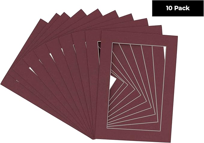 Pack of TEN 8.5x11 Mats Bevel Cut for 7x9 Photos - Acid Free Maroon Red Precut Matboards For Pictures, Photos, Framing - 4-ply Thickness